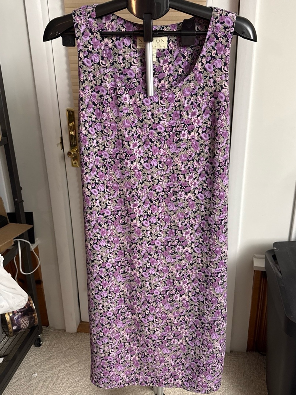 Vintage 90s Norton McNaughton Lavender & Black Floral scoop neck midi Dress